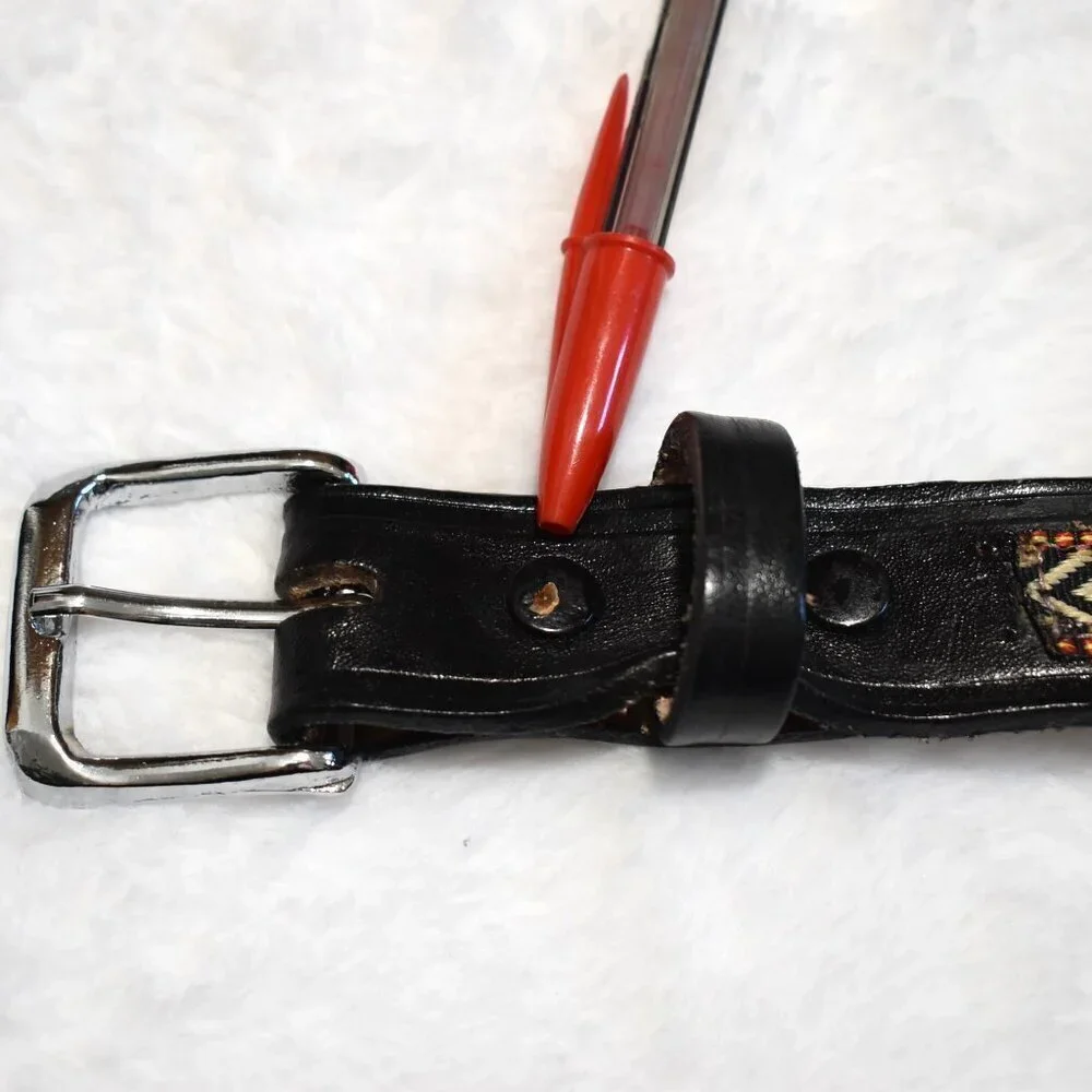 Western Black Leather Belt Sz 28 / 34 Aztec Rodeo Boho Cowboy Artisan